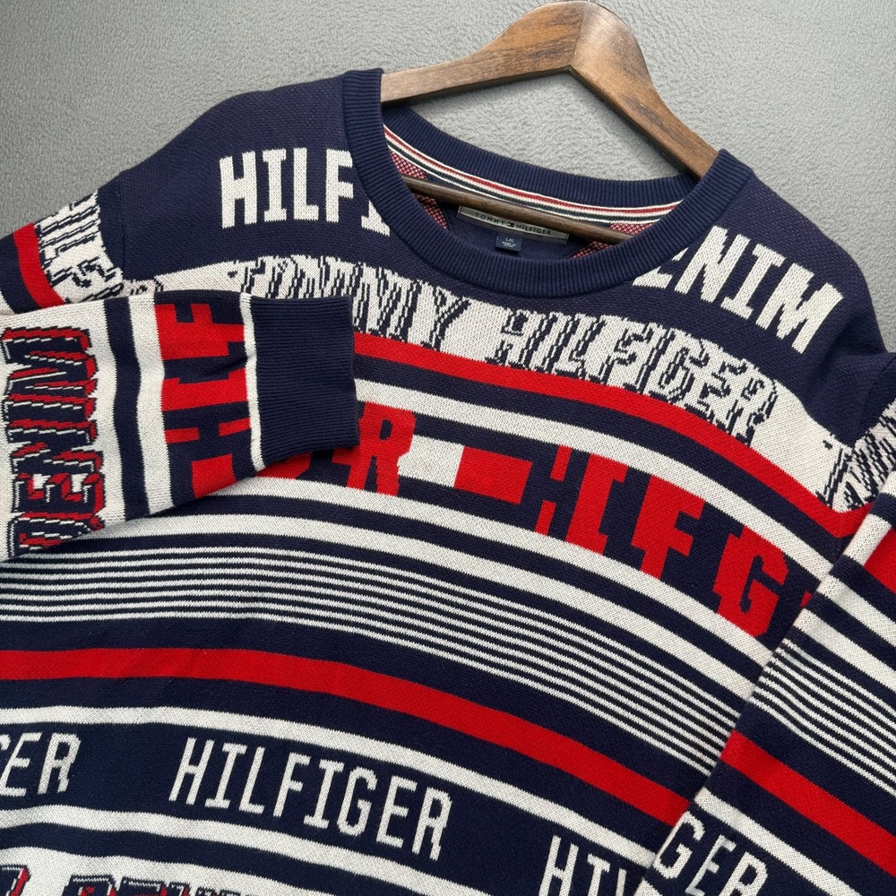 Tommy Hilfiger Denim Sweater L Navy Red White Logo Knit Pullover